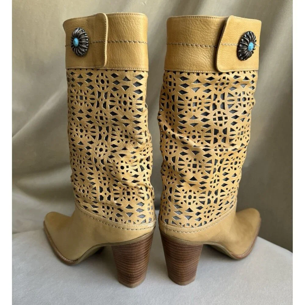 Stuart Weitzman Tan Leather Western Size 7 Heel Boots Turquoise - Picture 7 of 10